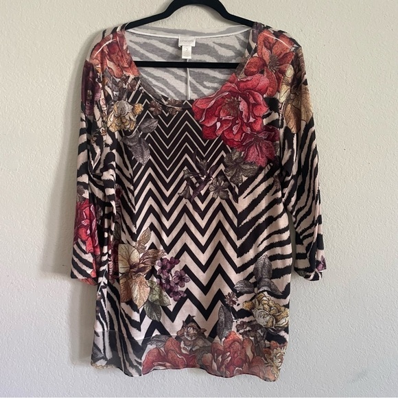 Chicos woman’s scoop neck sweater top size 2 LG floral zebra sophisticated mesh - Picture 1 of 11
